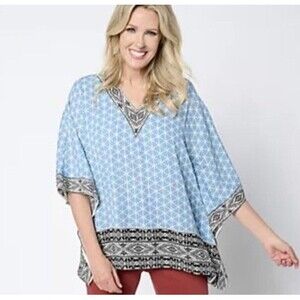 Belle Kim Gravel 2X Poncho Kimono Tunic Top Aztec BOHO Western V-Neck Blue